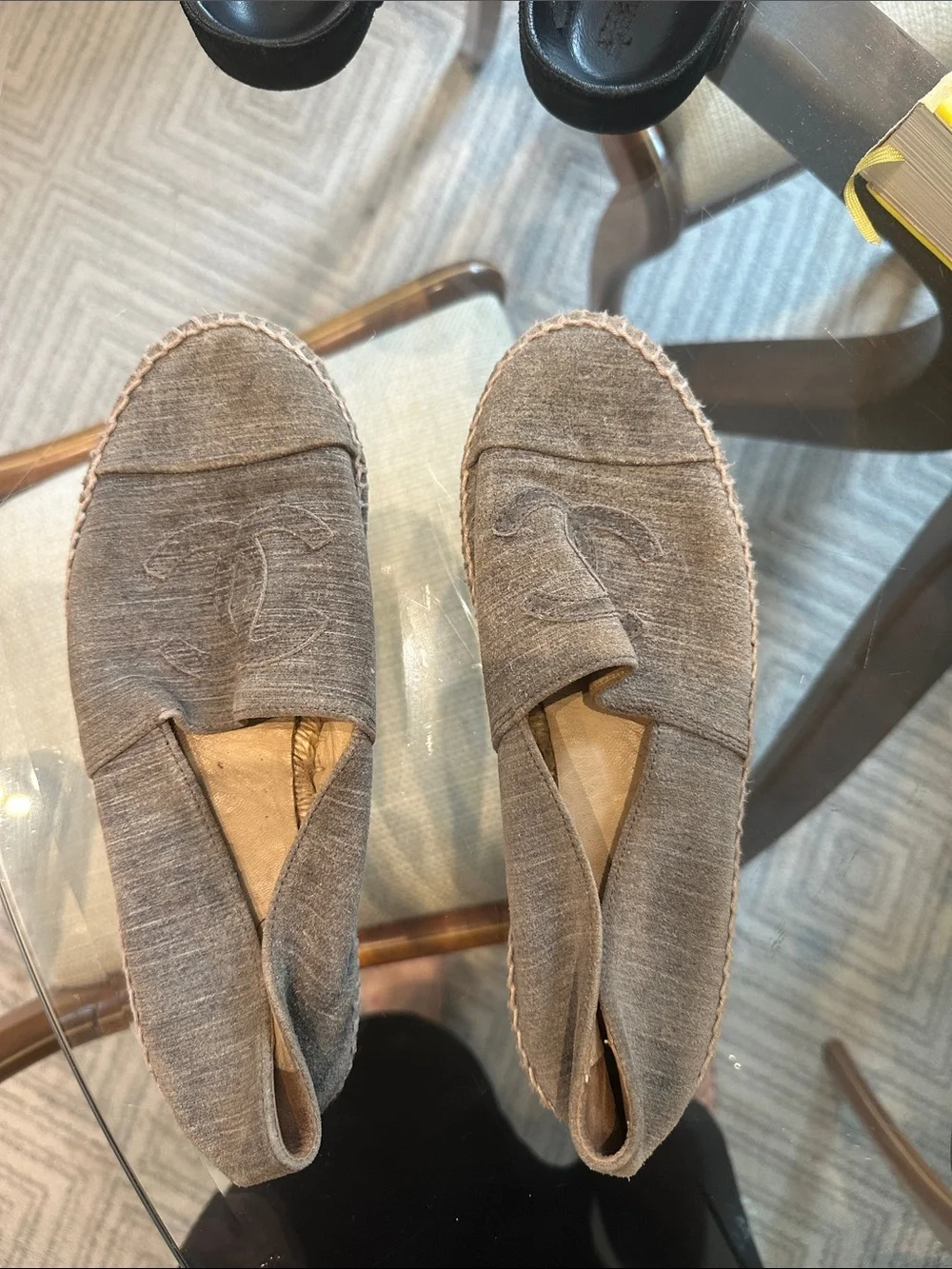 CHANEL Gray Canvas Espadrille Slip-Ons with Interlocked CC